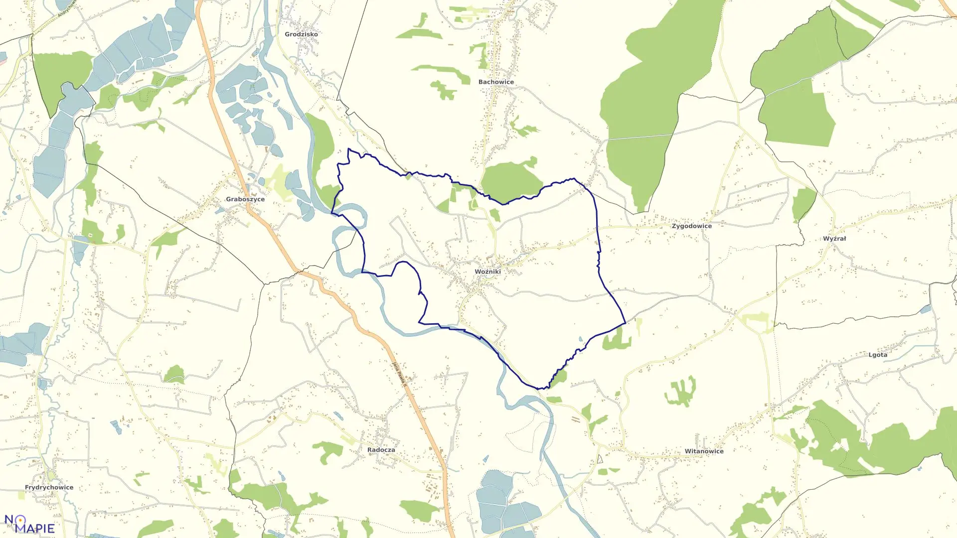 Mapa obrębu WOŹNIKI w gminie Tomice